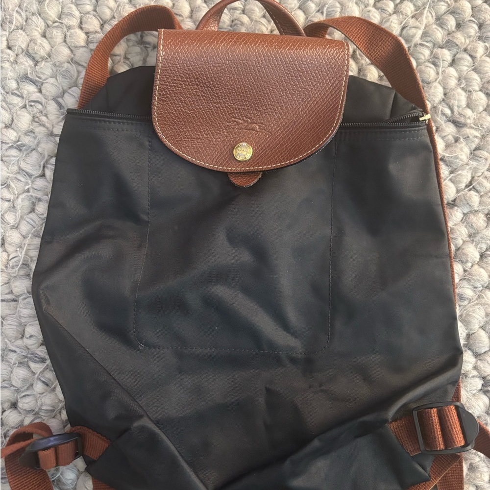 Longchamp Black and Brown Backpack with Leather Trim
